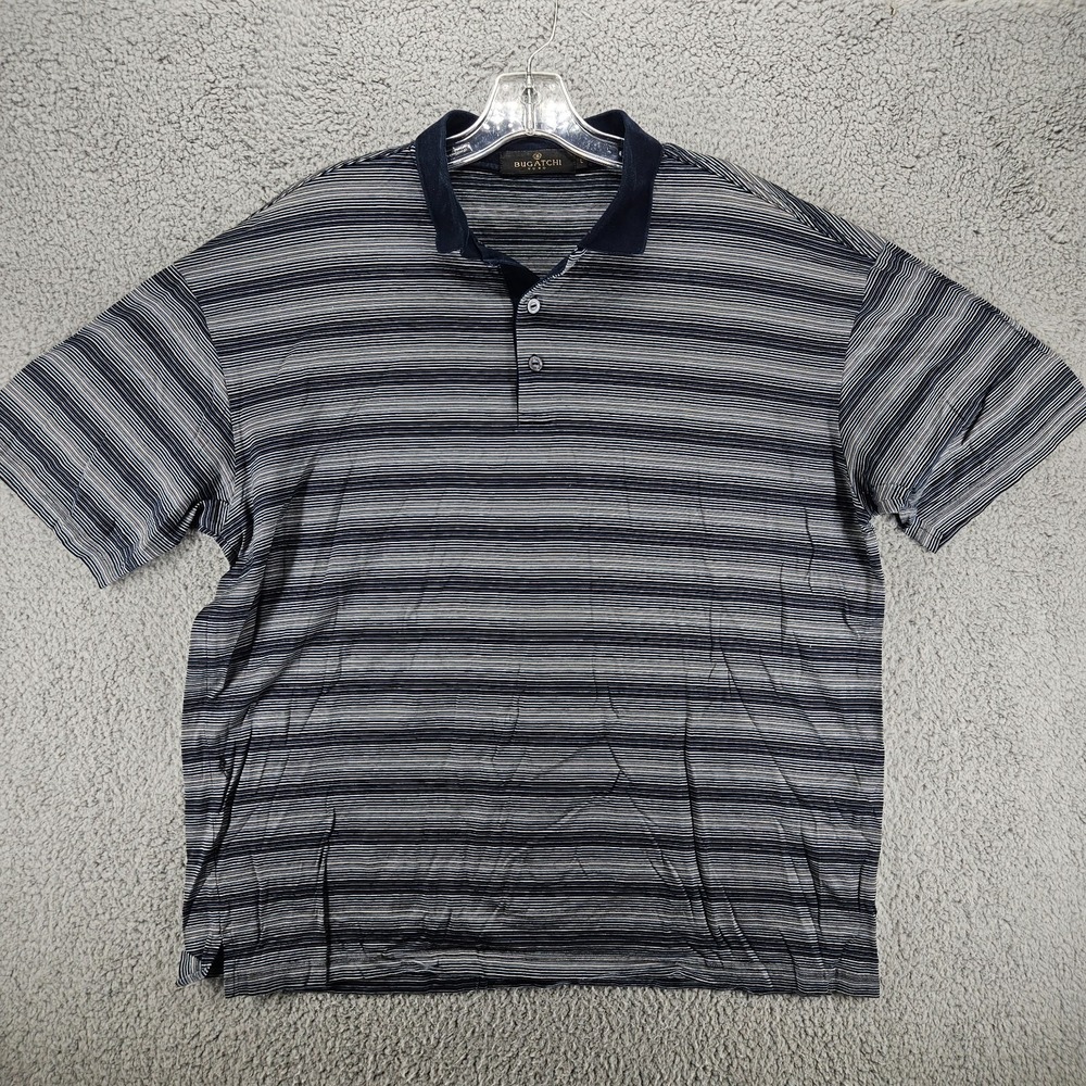 Bugatchi Uomo Mens Large Polo Shirt Blue Striped Short Sleeve Mercerized Cotton